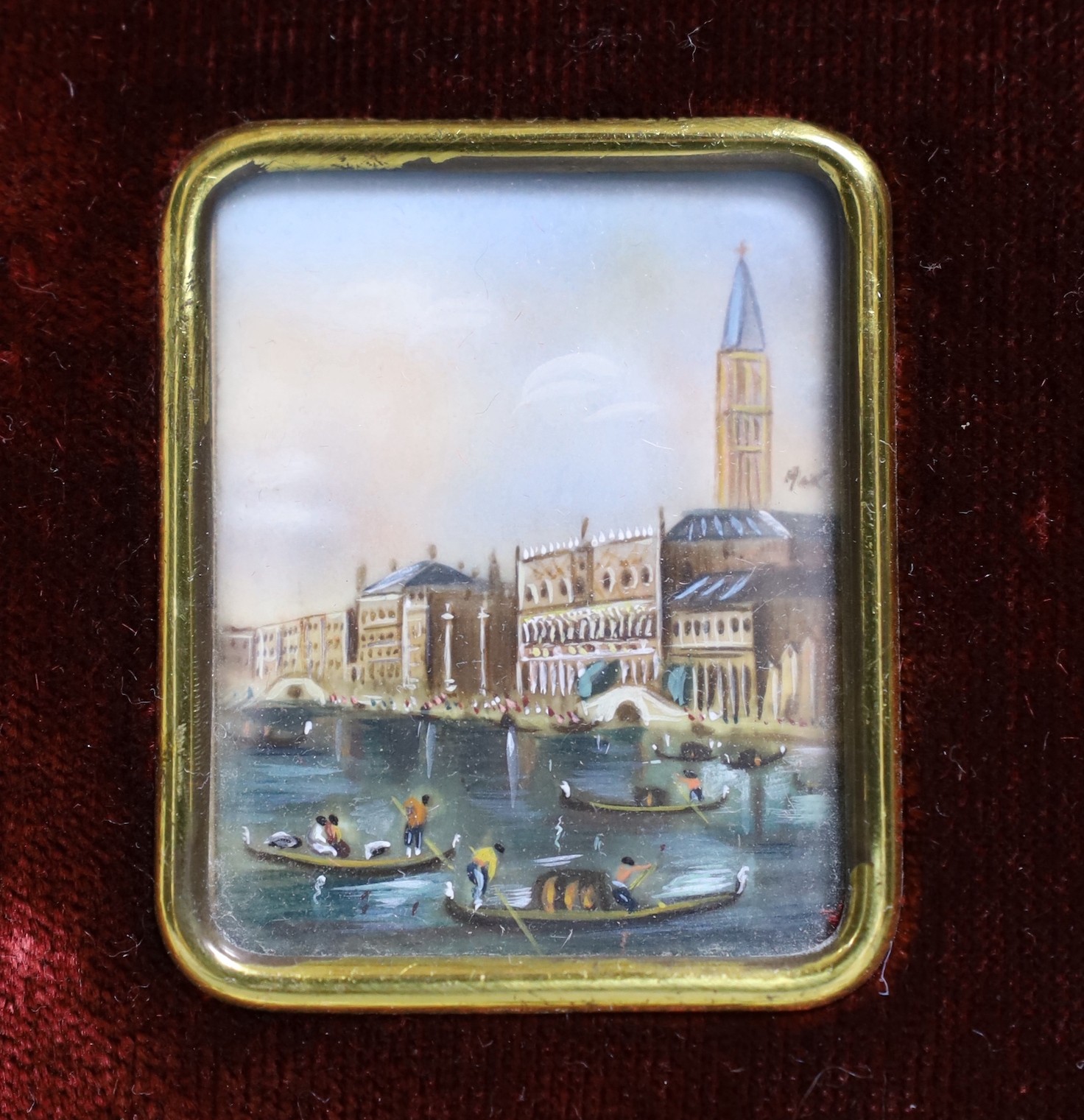 Two framed gouache on card, Venetian canal scenes, one signed. Largest 5x6cm excl frame